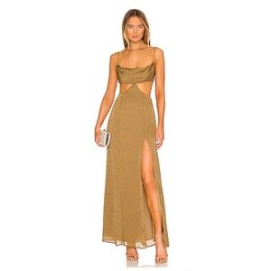 Lovers and Friends Leopard Jacquard Cut-Out Maxi Dress Womens S Olive Gold Glam